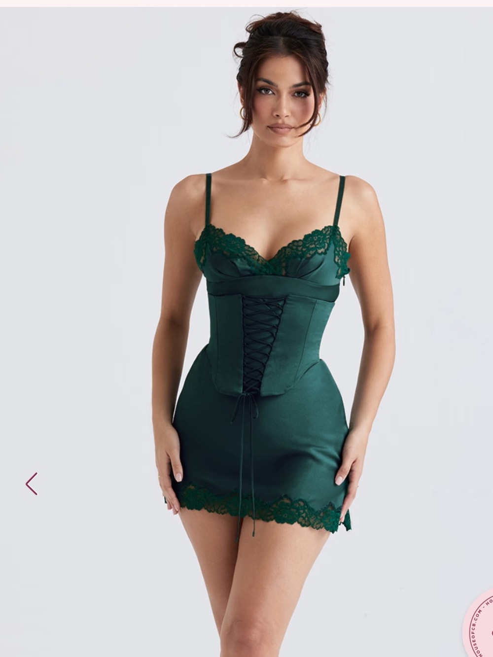 House of CB 'Soraya' Emerald Lace Trim Satin Mini dress with Detachable Corset